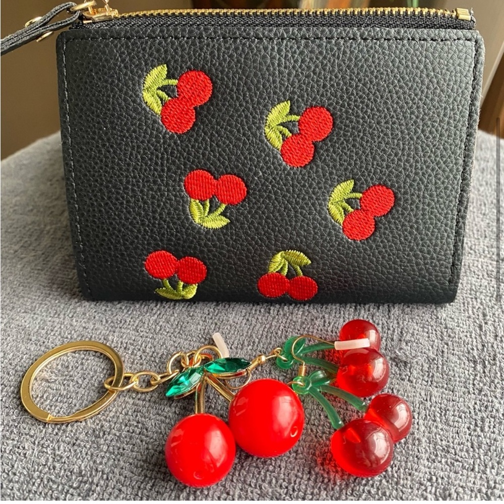 3 piece set Bing Cherry with wallet, earrings and a key fob bag charm